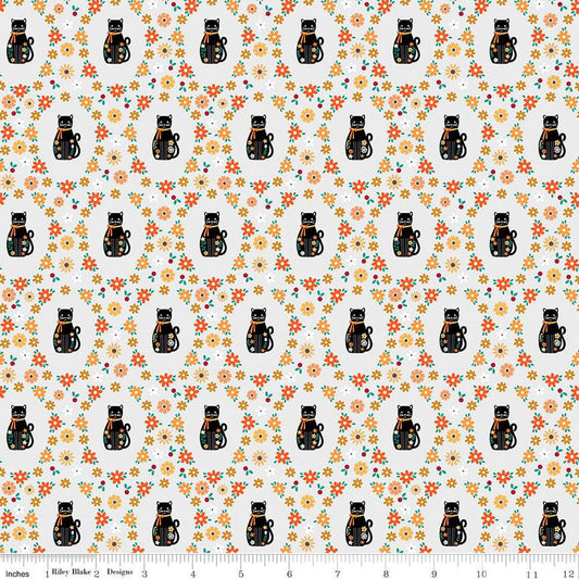 DEAL Haunted Adventure Spooky Kitties C13112 Silver - Riley Blake Designs - Halloween Cats Cat Kittens Flowers - Quilting Cotton Fabric
