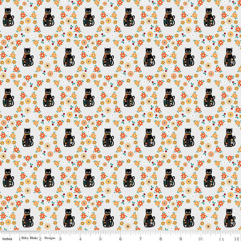 Haunted Adventure Spooky Kitties C13112 Silver - Riley Blake Designs - Halloween Cats Cat Kittens Flowers - Quilting Cotton Fabric