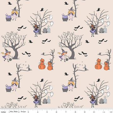 SALE Spooky Schoolhouse Main SC13200 Latte SPARKLE - Riley Blake Designs - Halloween Witches Ghosts Silver SPARKLE - Quilting Cotton Fabric