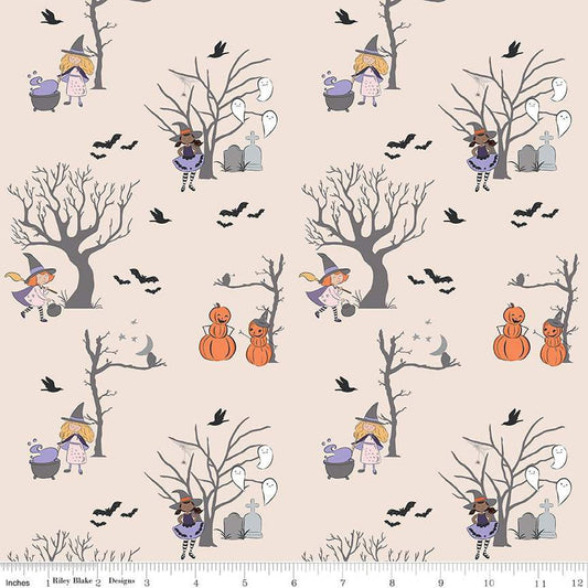 DEAL Spooky Schoolhouse Main SC13200 Latte SPARKLE - Riley Blake Designs - Halloween Witches Ghosts Silver SPARKLE - Quilting Cotton Fabric