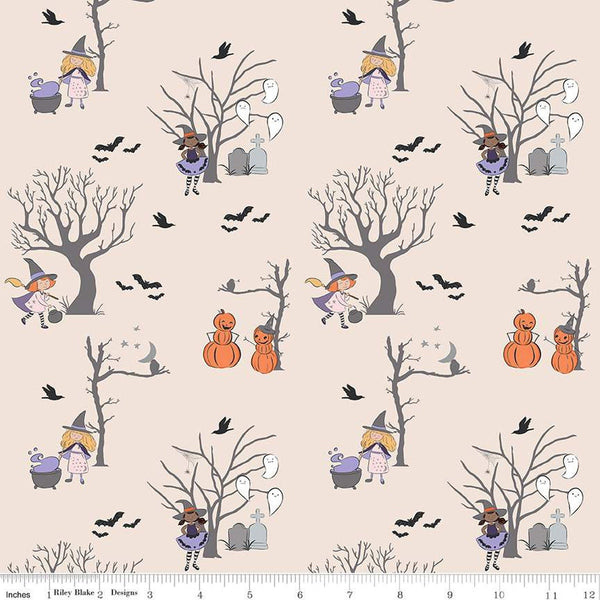 SALE Spooky Schoolhouse Main SC13200 Latte SPARKLE - Riley Blake Designs - Halloween Witches Ghosts Silver SPARKLE - Quilting Cotton Fabric