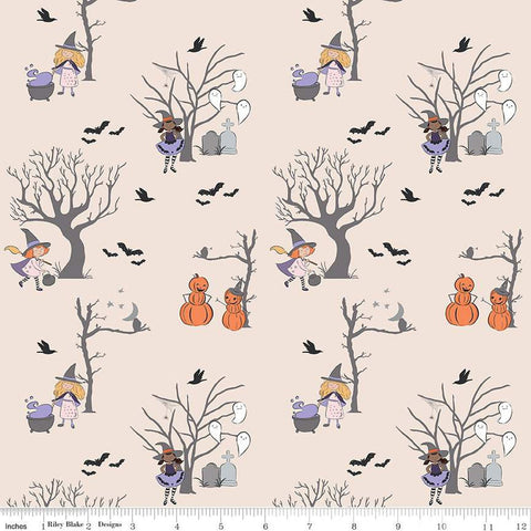 Spooky Schoolhouse Main SC13200 Latte SPARKLE - Riley Blake Designs - Halloween Witches Ghosts Silver SPARKLE - Quilting Cotton Fabric