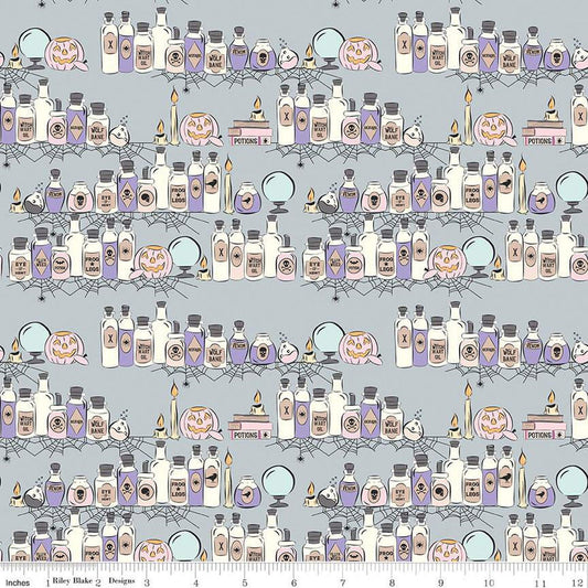 DEAL Spooky Schoolhouse Potions Class C13201 Silver - Riley Blake Designs - Halloween Jars Bottles Pumpkins - Quilting Cotton Fabric