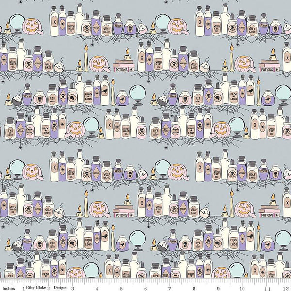 Spooky Schoolhouse Potions Class C13201 Silver - Riley Blake Designs - Halloween Jars Bottles Pumpkins - Quilting Cotton Fabric