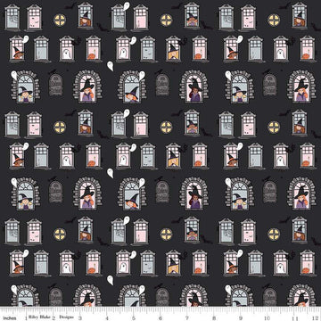 Spooky Schoolhouse Witch School C13202 Charcoal - Riley Blake Designs - Halloween Witches Spiderwebs Bats - Quilting Cotton Fabric