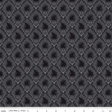 29" End of Bolt - Spooky Schoolhouse Damask C13204 Charcoal - Riley Blake Designs - Halloween Witches Bats - Quilting Cotton Fabric