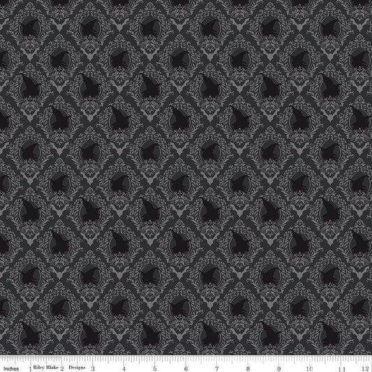 DEAL Spooky Schoolhouse Damask C13204 Charcoal - Riley Blake Designs - Halloween Witches Bats - Quilting Cotton Fabric