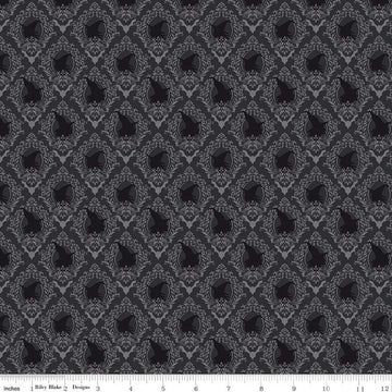 Fat Quarter End of Bolt - Spooky Schoolhouse Damask C13204 Charcoal - Riley Blake Designs - Halloween Witches Bats - Quilting Cotton Fabric