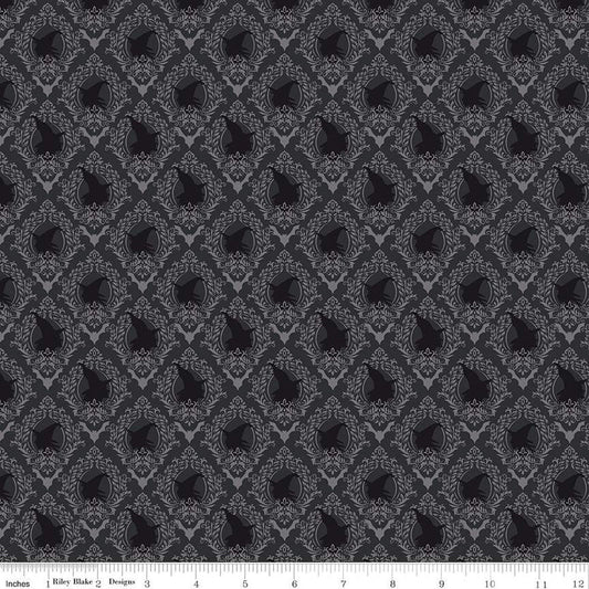 Fat Quarter End of Bolt - Spooky Schoolhouse Damask C13204 Charcoal - Riley Blake Designs - Halloween Witches Bats - Quilting Cotton Fabric