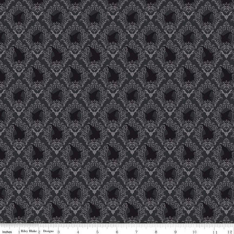 Spooky Schoolhouse Damask C13204 Charcoal - Riley Blake Designs - Halloween Witches Bats - Quilting Cotton Fabric