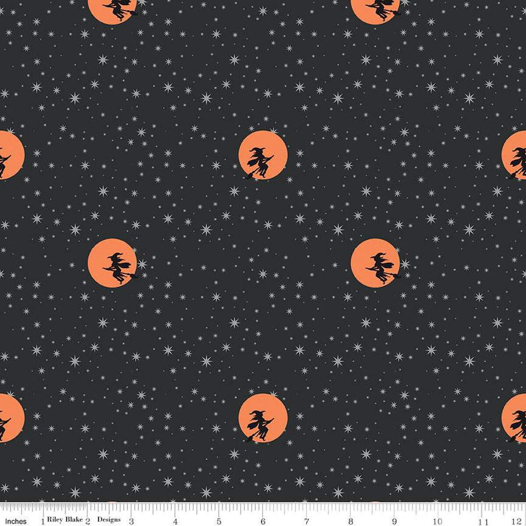 SALE Spooky Schoolhouse Starry Night SC13207 Charcoal SPARKLE - Riley Blake- Halloween Witches Stars Silver SPARKLE - Quilting Cotton Fabric