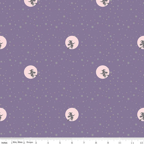 Spooky Schoolhouse Starry Night SC13207 Lilac SPARKLE - Riley Blake - Halloween Witches Stars Silver SPARKLE - Quilting Cotton Fabric