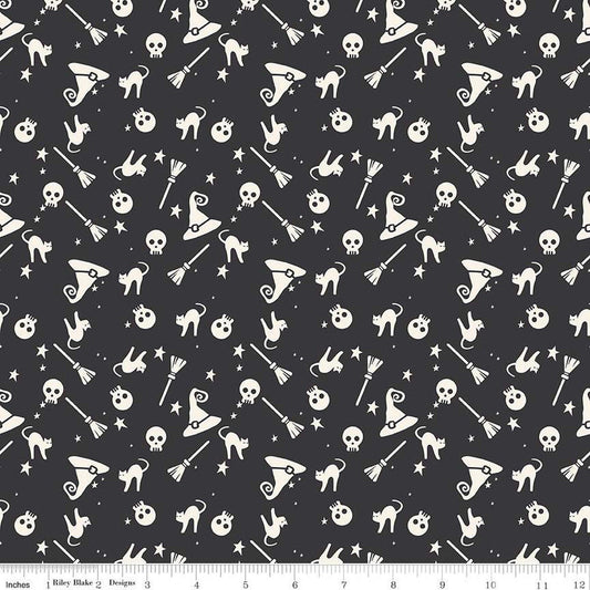 DEAL Hey Bootiful Witch Icons GC13131 Charcoal GLOW-in-the-DARK - Riley Blake - Halloween Witches Cats Brooms Hats - Quilting Cotton Fabric