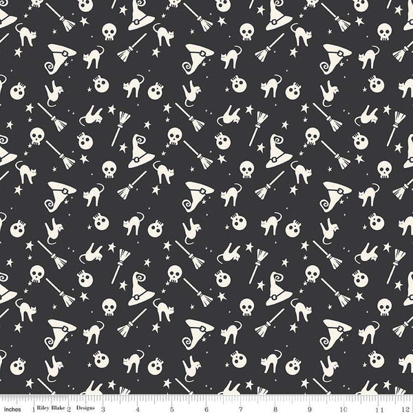 SALE Hey Bootiful Witch Icons GC13131 Charcoal GLOW-in-the-DARK - Riley Blake - Halloween Witches Cats Brooms Hats - Quilting Cotton Fabric