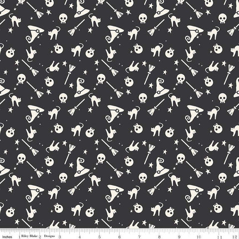 Hey Bootiful Witch Icons GC13131 Charcoal GLOW-in-the-DARK - Riley Blake - Halloween Witches Cats Brooms Hats - Quilting Cotton Fabric