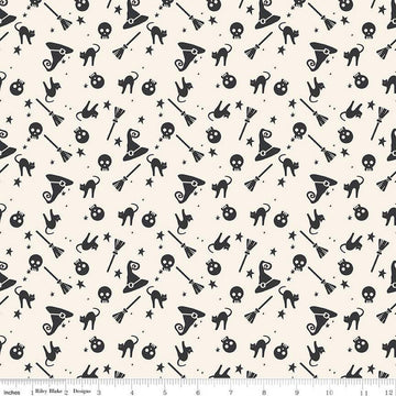 11" End of Bolt - Hey Bootiful Witch Icons C13131 Off White - Riley Blake - Halloween Skulls Brooms Cats Hats - Quilting Cotton Fabric