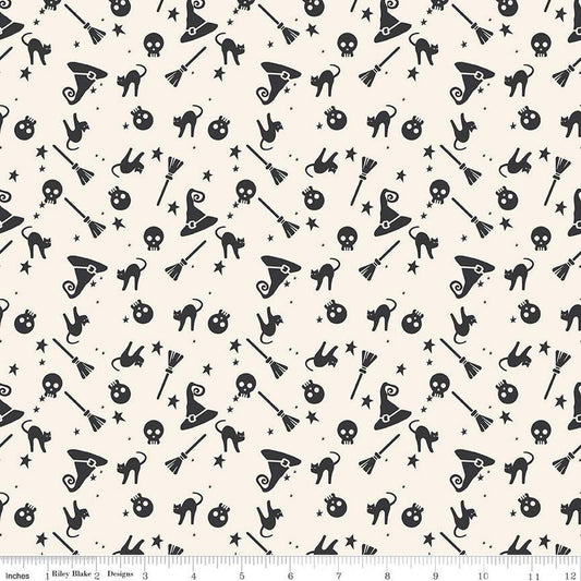 11" End of Bolt - Hey Bootiful Witch Icons C13131 Off White - Riley Blake - Halloween Skulls Brooms Cats Hats - Quilting Cotton Fabric