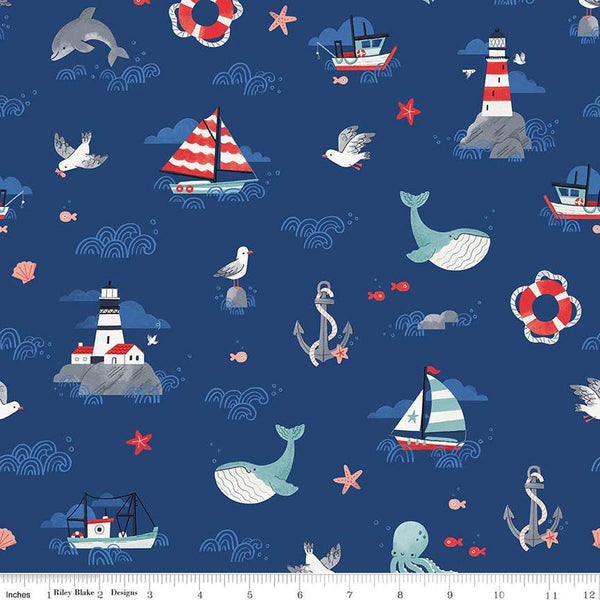 Fat Quarter End of Bolt - Lost at Sea Main C13400 Navy - Riley Blake - Boats Lighthouses Fish Whales Anchors Gulls - Quilting Cotton Fabric