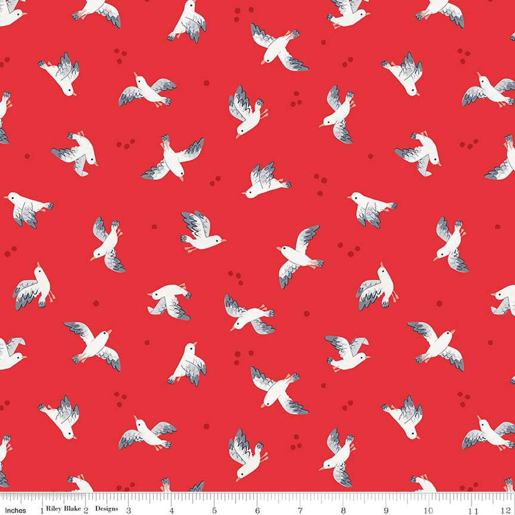SALE Lost at Sea Seagulls Flight C13401 Poppy - Riley Blake Designs - Bird Birds Dots - Quilting Cotton Fabric