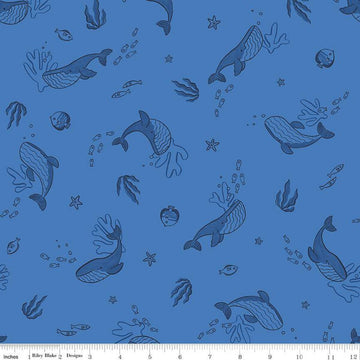 SALE Lost at Sea Whales C13402 Azure - Riley Blake Designs - Sea Life Fish  - Quilting Cotton Fabric