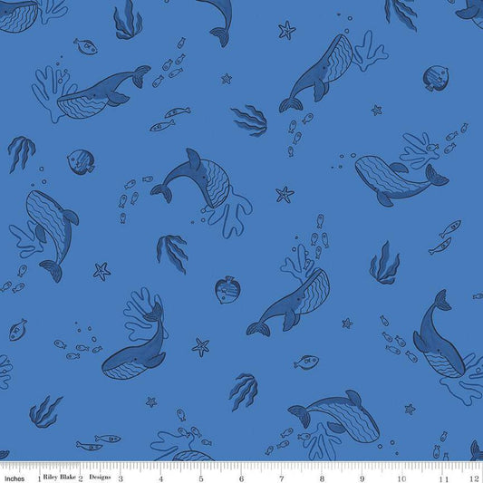 SALE Lost at Sea Whales C13402 Azure - Riley Blake Designs - Sea Life Fish  - Quilting Cotton Fabric