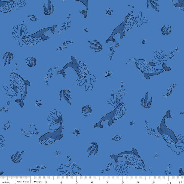 SALE Lost at Sea Whales C13402 Azure - Riley Blake Designs - Sea Life Fish  - Quilting Cotton Fabric