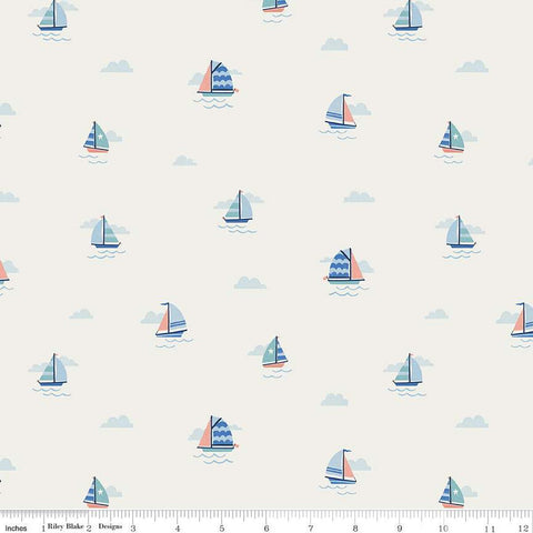 Lost at Sea Set Sail C13403 Off White - Riley Blake Designs - Nautical Sailboats Boats  - Quilting Cotton Fabric