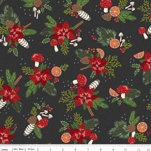 Yuletide Forest Main C13540 Charcoal - Riley Blake Designs - Christmas Pine Needles Cones Poinsettias Holly - Quilting Cotton Fabric