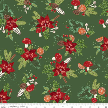 SALE Yuletide Forest Main C13540 Green - Riley Blake Designs - Christmas Pine Needles Cones Poinsettias Holly - Quilting Cotton Fabric