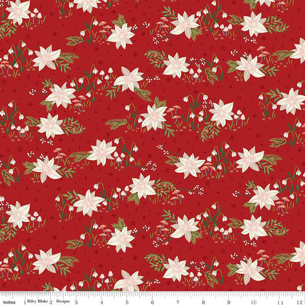 SALE Yuletide Forest Floral C13541 Red - Riley Blake Designs - Christmas Flowers Poinsettias Mushrooms - Quilting Cotton Fabric