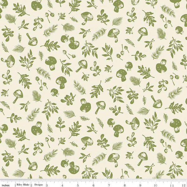 31" End of Bolt - CLEARANCE Yuletide Forest Woodland C13542 Cream - Riley Blake - Christmas Leaves Mushrooms - Quilting Cotton Fabric