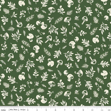 SALE Yuletide Forest Woodland C13542 Green - Riley Blake Designs - Christmas Cream Leaves Mushrooms - Quilting Cotton Fabric