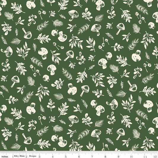 SALE Yuletide Forest Woodland C13542 Green - Riley Blake Designs - Christmas Cream Leaves Mushrooms - Quilting Cotton Fabric