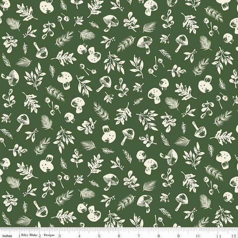 Yuletide Forest Woodland C13542 Green - Riley Blake Designs - Christmas Cream Leaves Mushrooms - Quilting Cotton Fabric