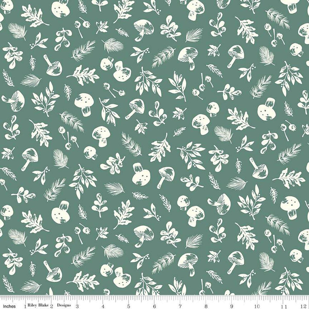 CLEARANCE Yuletide Forest Woodland C13542 Sage - Riley Blake Designs - Christmas Cream Leaves Mushrooms - Quilting Cotton Fabric