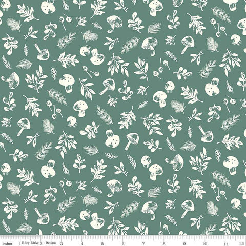 CLEARANCE Yuletide Forest Woodland C13542 Sage - Riley Blake Designs - Christmas Cream Leaves Mushrooms - Quilting Cotton Fabric