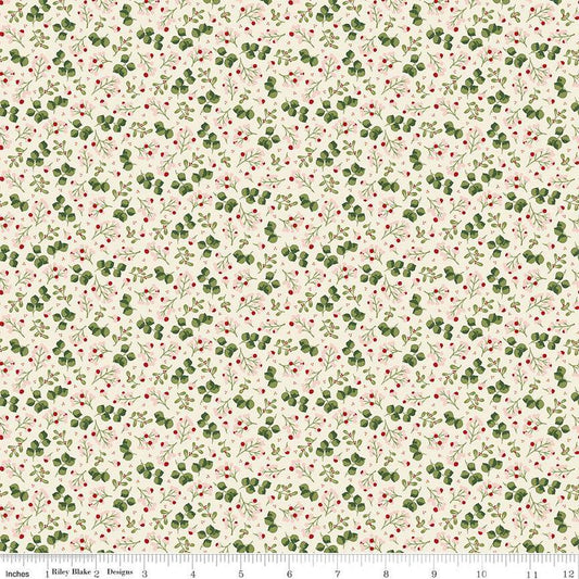 11" End of Bolt - Yuletide Forest Berry Sprigs C13543 Cream - Riley Blake Designs - Christmas Leaves Berries - Quilting Cotton Fabric