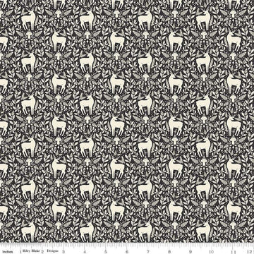 SALE Yuletide Forest Deer Damask C13544 Charcoal - Riley Blake Designs - Christmas Cream Deer Leaves Mushrooms - Quilting Cotton Fabric