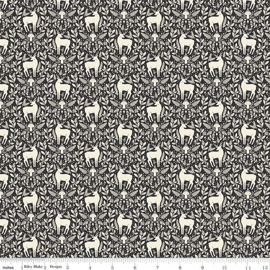 SALE Yuletide Forest Deer Damask C13544 Charcoal - Riley Blake Designs - Christmas Cream Deer Leaves Mushrooms - Quilting Cotton Fabric