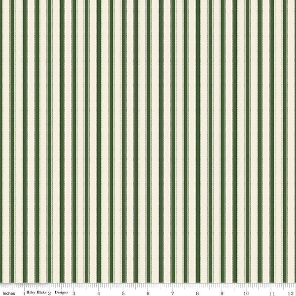 27" End of Bolt - Yuletide Forest Ticking C13545 Green - Riley Blake Designs - Christmas Cream/Green Stripes - Quilting Cotton Fabric