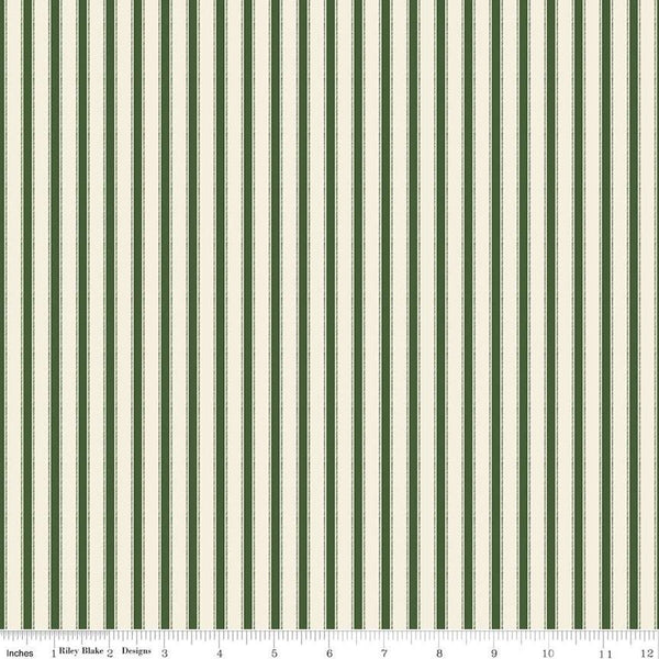 Yuletide Forest Ticking C13545 Green - Riley Blake Designs - Christmas Cream/Green Stripes Stripe Striped - Quilting Cotton Fabric