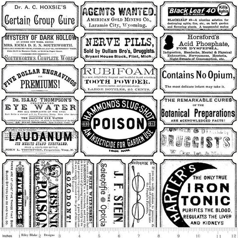 31" End of Bolt - SALE Queen of We'en Apothecary C13166 White - Riley Blake - Halloween Labels Text - Quilting Cotton Fabric