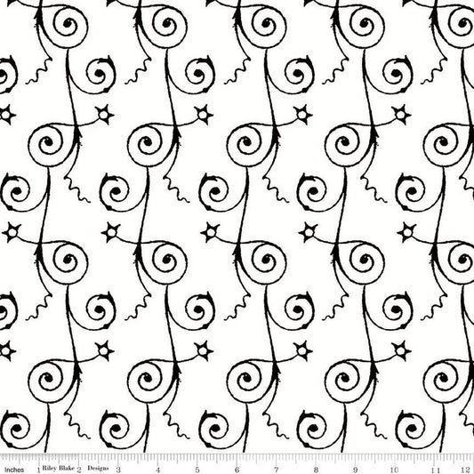 33" End of Bolt - Queen of We'en Starry Night C13169 White - Riley Blake - Halloween Star Swirls - J. Wecker Frisch - Quilting Cotton Fabric