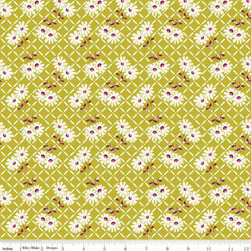 DEAL Adel in Summer Trellis C13391 Pear - Riley Blake Designs - Floral Flowers White Zinnias - Quilting Cotton Fabric