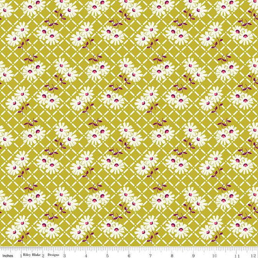 DEAL Adel in Summer Trellis C13391 Pear - Riley Blake Designs - Floral Flowers White Zinnias - Quilting Cotton Fabric