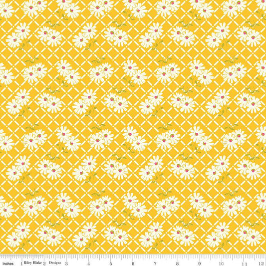 33" End of Bolt - SALE Adel in Summer Trellis C13391 Yellow - Riley Blake Designs - Floral Flowers White Zinnias - Quilting Cotton Fabric