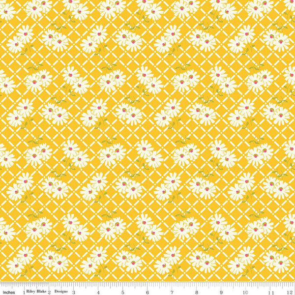 SALE Adel in Summer Trellis C13391 Yellow - Riley Blake Designs - Floral Flowers White Zinnias - Quilting Cotton Fabric