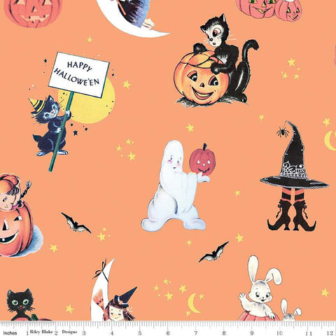 Fright Delight Main C13230 Orange - Riley Blake - Vintage Halloween Cats Ghosts Witches Jack-o'-Lanterns - Quilting Cotton Fabric