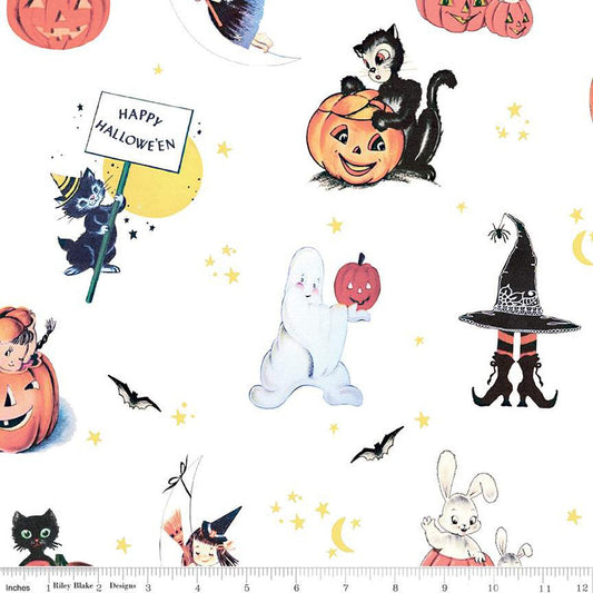 DEAL Fright Delight Main C13230 White - Riley Blake - Vintage Halloween Cats Ghosts Witches Jack-o'-Lanterns - Quilting Cotton Fabric