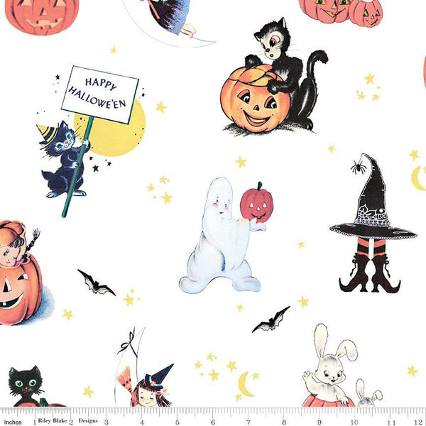 SALE Fright Delight Main C13230 White - Riley Blake - Vintage Halloween Cats Ghosts Witches Jack-o'-Lanterns - Quilting Cotton Fabric